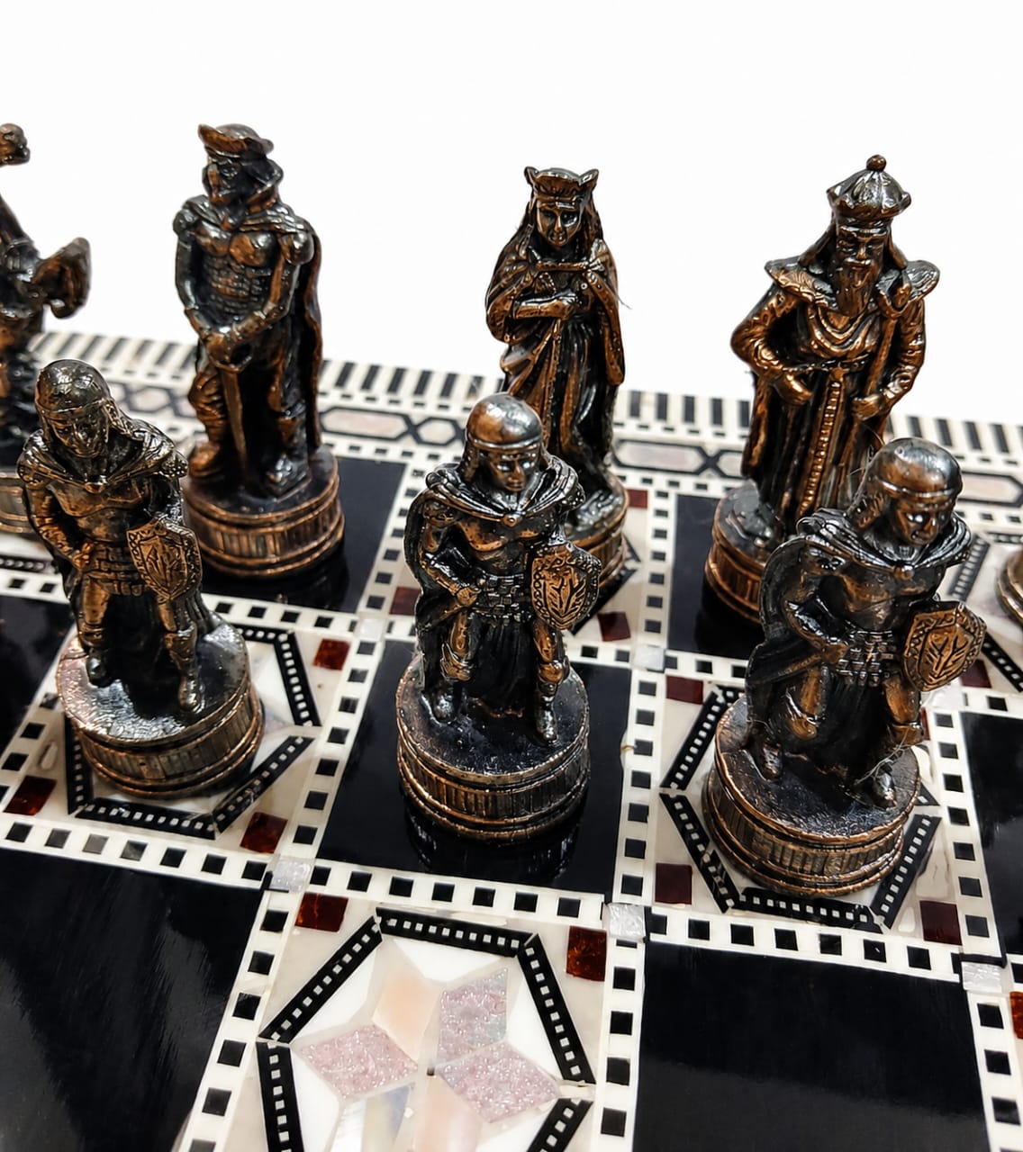 Luxury Mother-of-Pearl Chess Set with Metal Pieces & Storage Box
