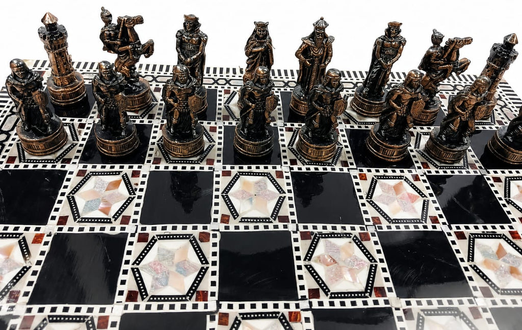 Luxury Mother-of-Pearl Chess Set with Metal Pieces & Storage Box