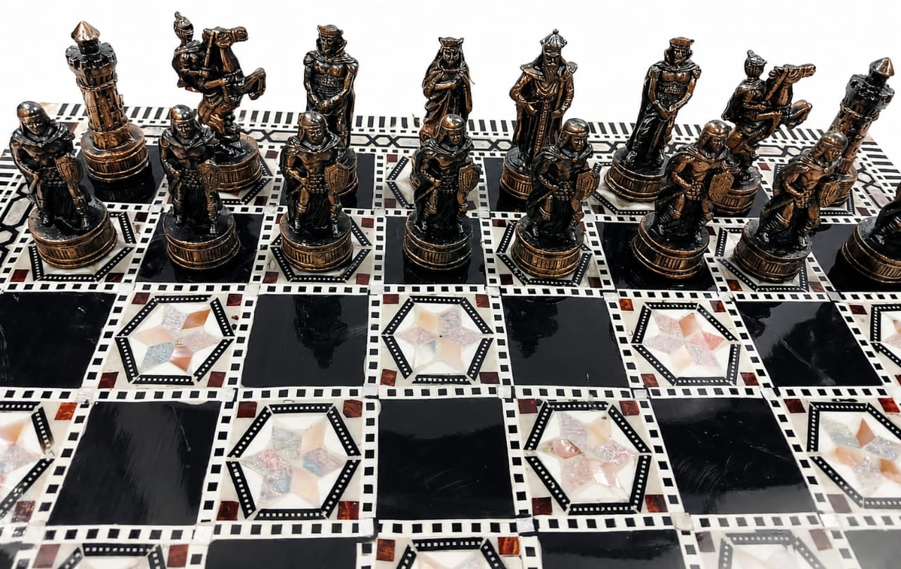 Luxury Mother-of-Pearl Chess Set with Metal Pieces & Storage Box