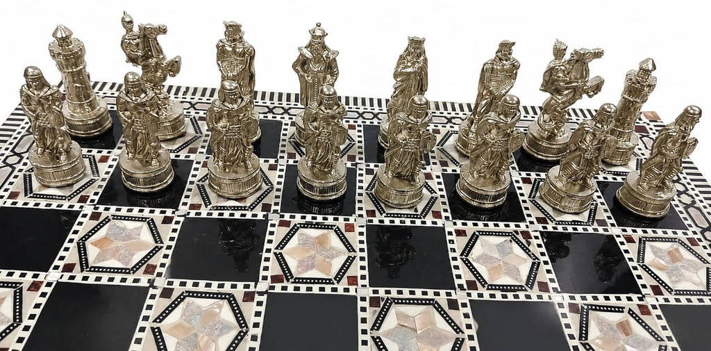 Luxury Mother-of-Pearl Chess Set with Metal Pieces & Storage Box