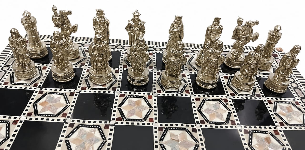 Luxury Mother-of-Pearl Chess Set with Metal Pieces & Storage Box