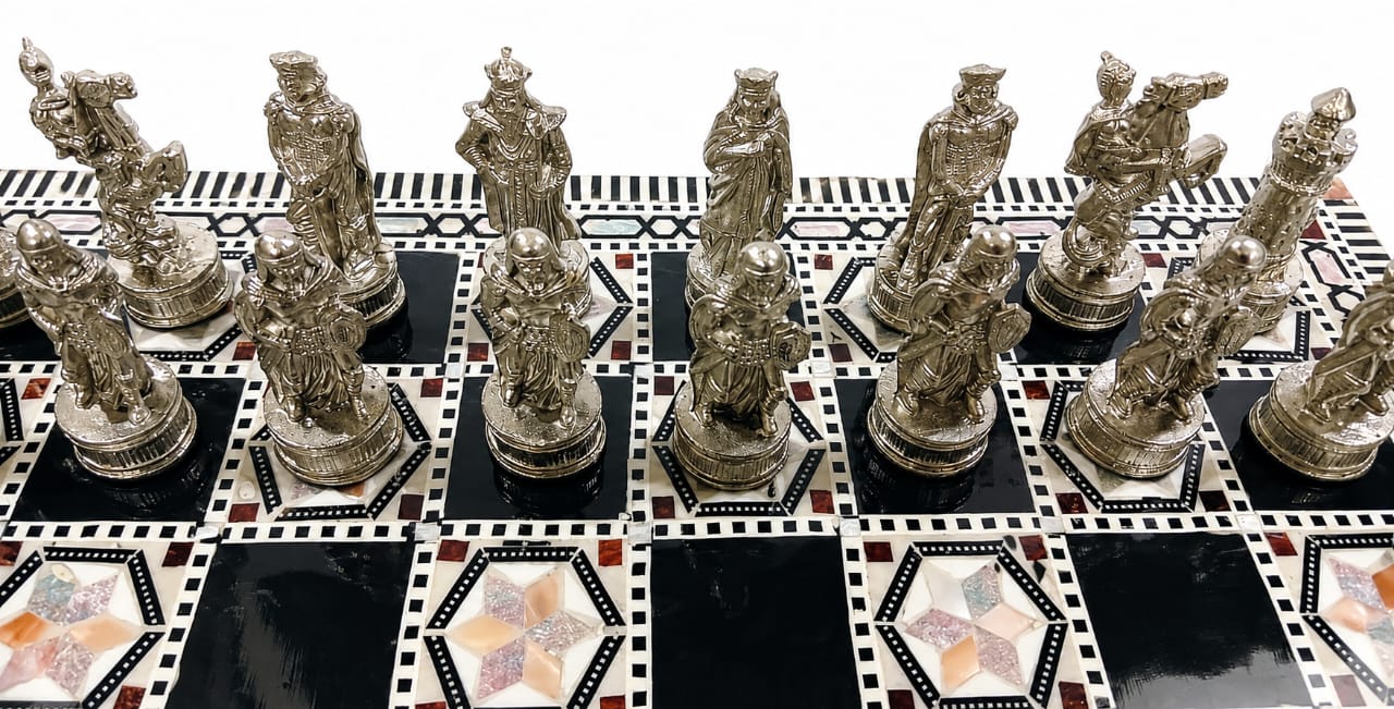 Luxury Mother-of-Pearl Chess Set with Metal Pieces & Storage Box