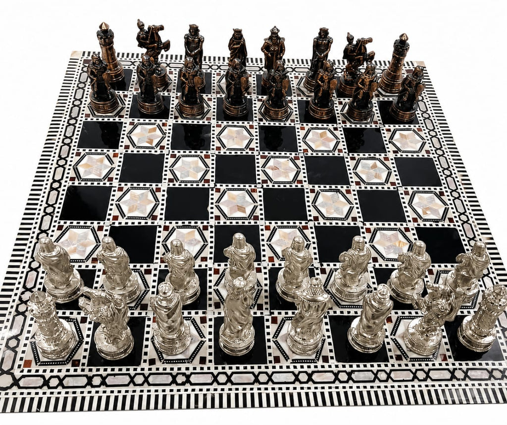 Luxury Mother-of-Pearl Chess Set with Metal Pieces & Storage Box