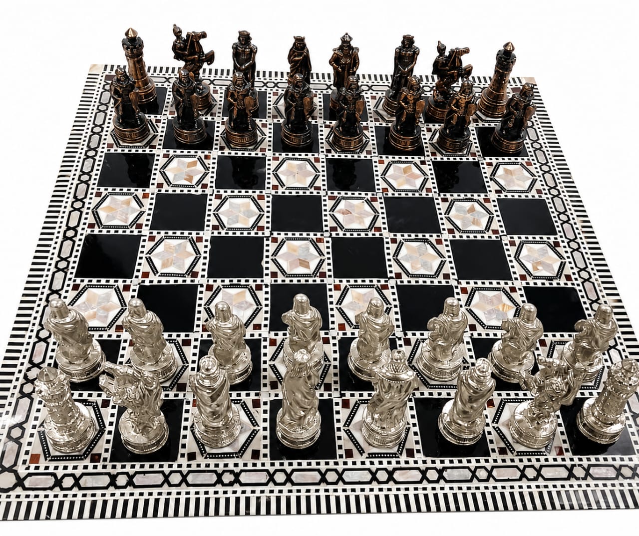 Luxury Mother-of-Pearl Chess Set with Metal Pieces & Storage Box